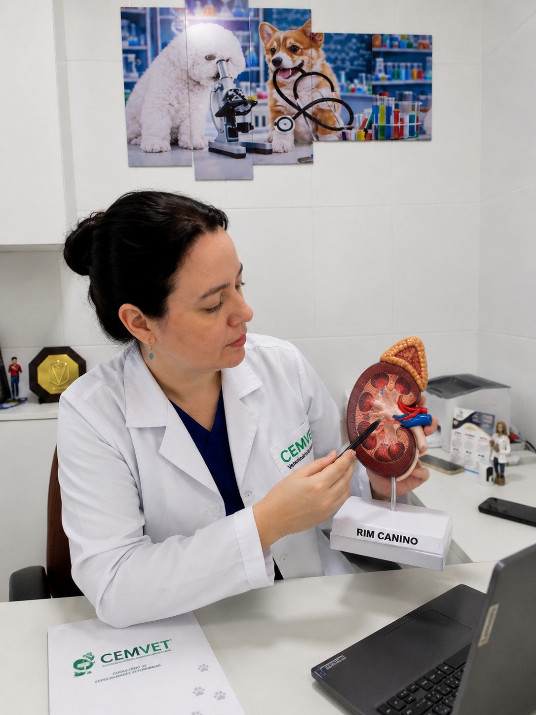 Dra. Carolinne apresentando um modelo anatômico de rim canino durante consulta de nefrologia no CEMVet