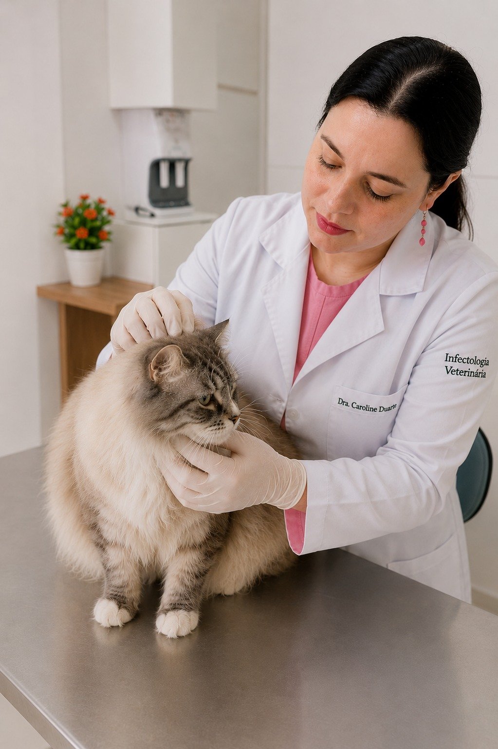 Dra. Carolinne examinando um gato durante consulta no CEMVet